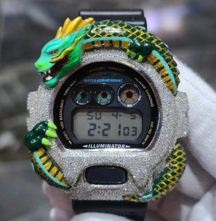 Iced moissanite cover for Casio G-Shock DW-6900, design CMW0022, shown fitted